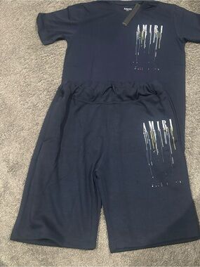 AMIRI Navy Graphic Drip Logo Tee & Shorts Set